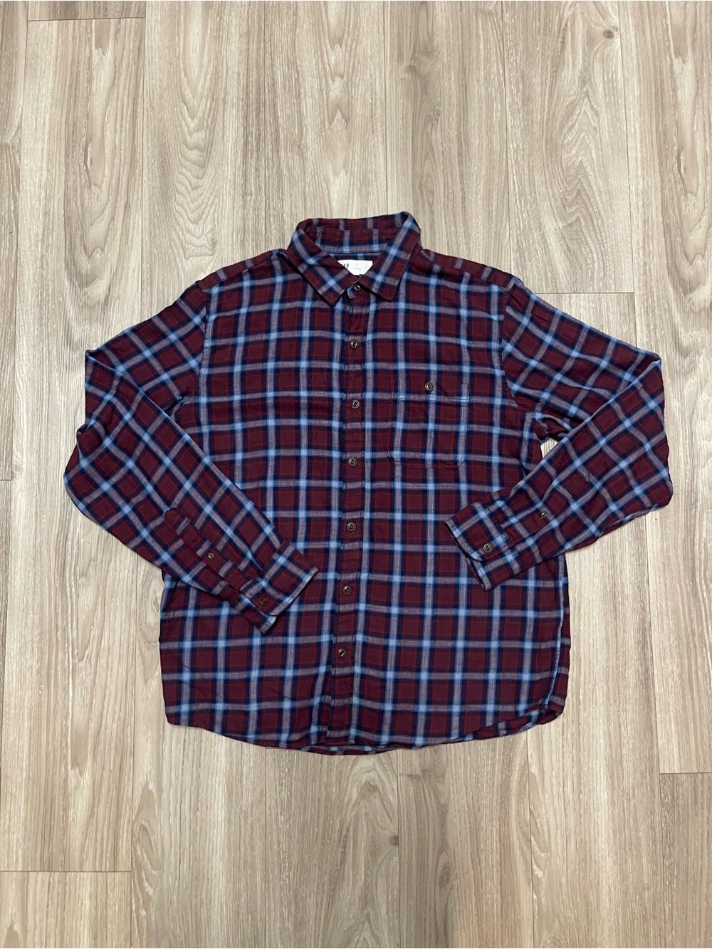 GAP Men's Burgundy and Blue Plaid Button-Down Shirt